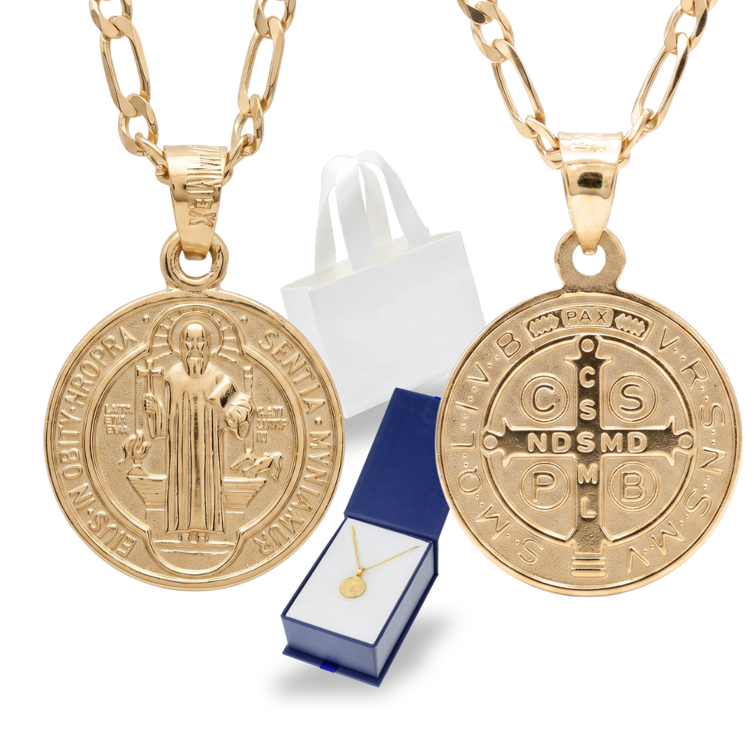 Medalla San Benito con cadena para hombre - Oro 14K laminado