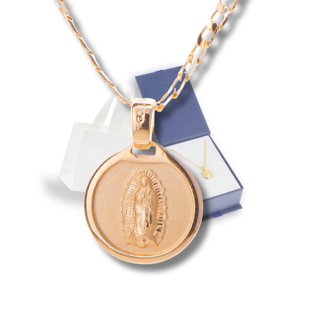 Medalla bautizo Virgen de Guadalupe redonda con cadena - Oro 14K laminado
