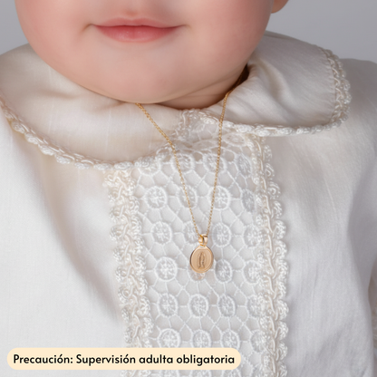 Medalla bautizo Virgen de Guadalupe redonda con cadena - Oro 14K laminado