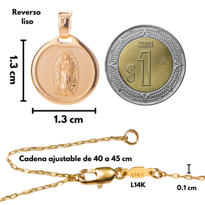Medalla bautizo Virgen de Guadalupe redonda con cadena - Oro 14K laminado