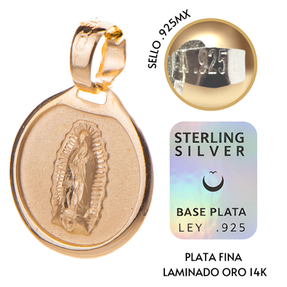 Medalla bautizo Virgen de Guadalupe redonda con cadena - Oro 14K laminado