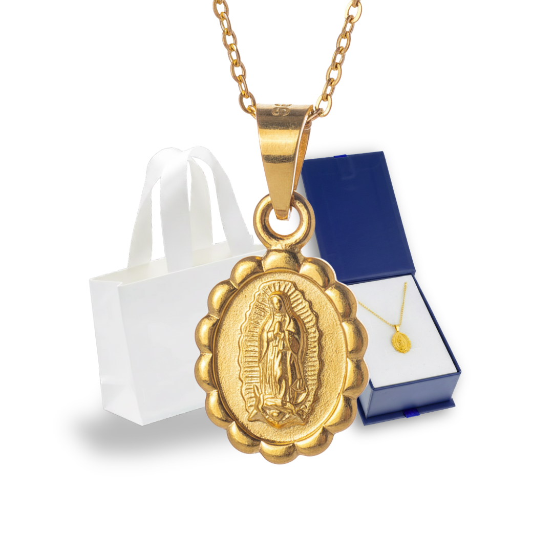 Medalla bautizo Virgen de Guadalupe Oval con cadena - Oro 14K laminado