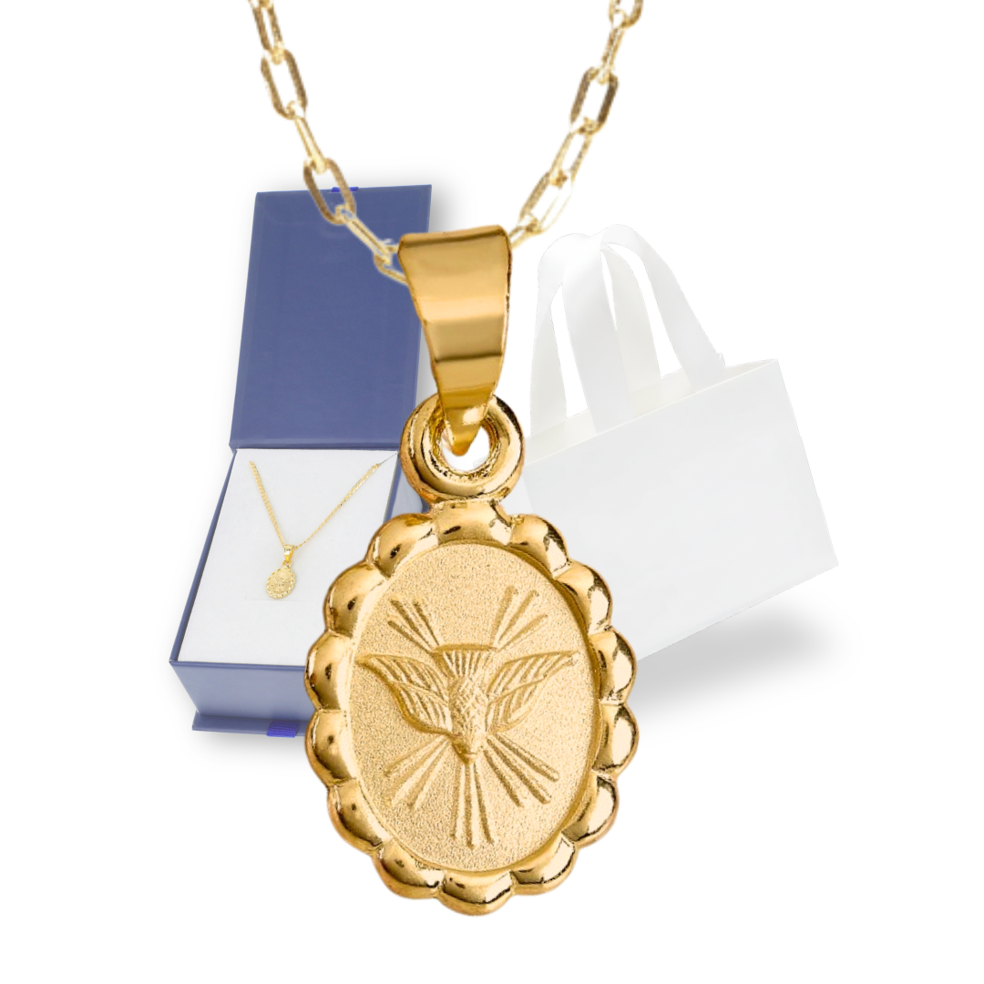 Medalla bautizo Espíritu Santo oval con cadena - Oro 14K laminado