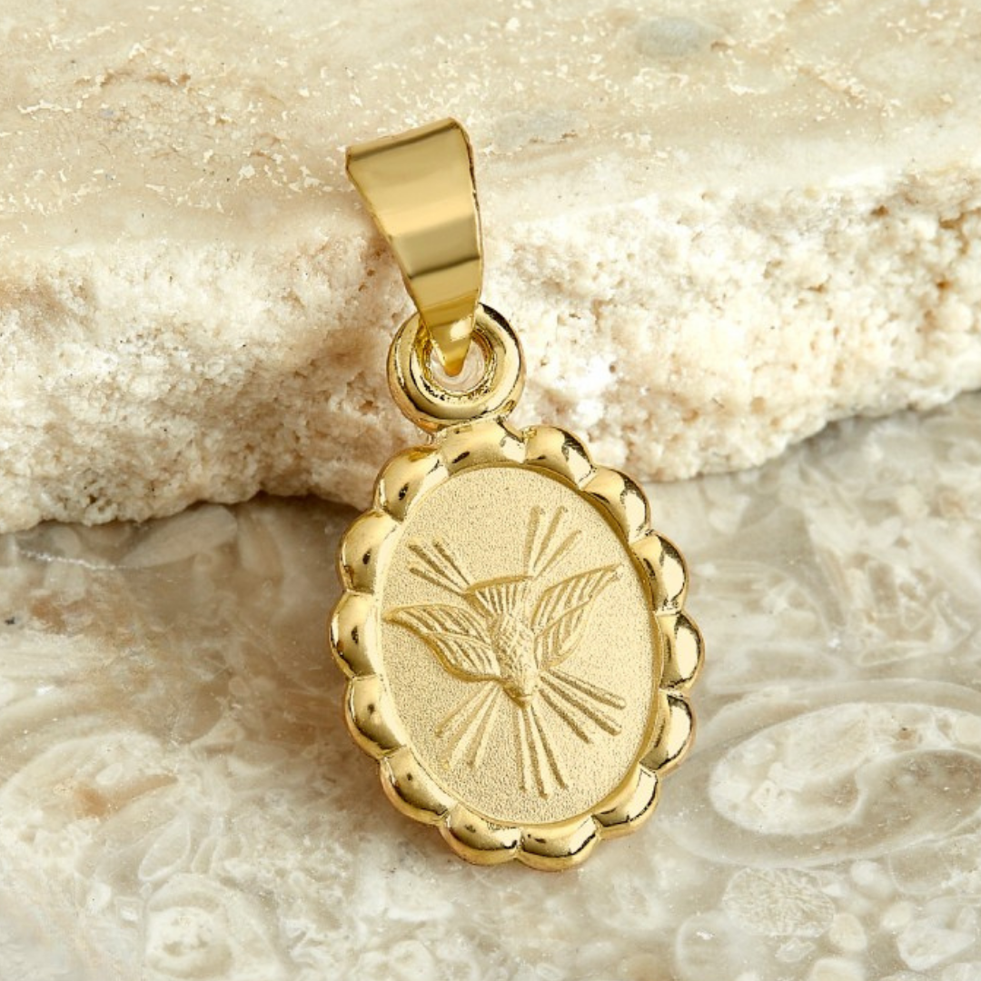 Medalla bautizo Espíritu Santo oval con cadena - Oro 14K laminado