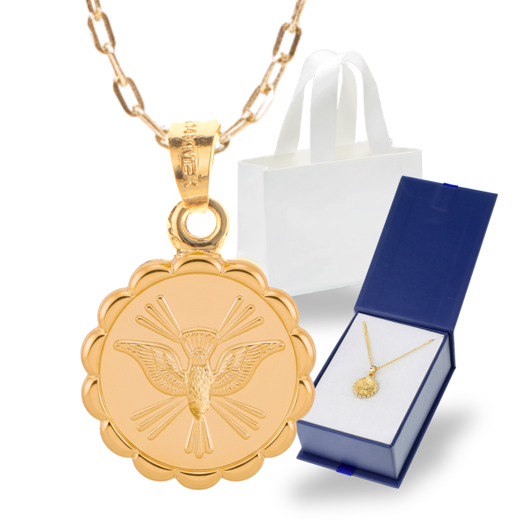Medalla bautizo Espíritu Santo redonda con cadena - Oro 14K laminado
