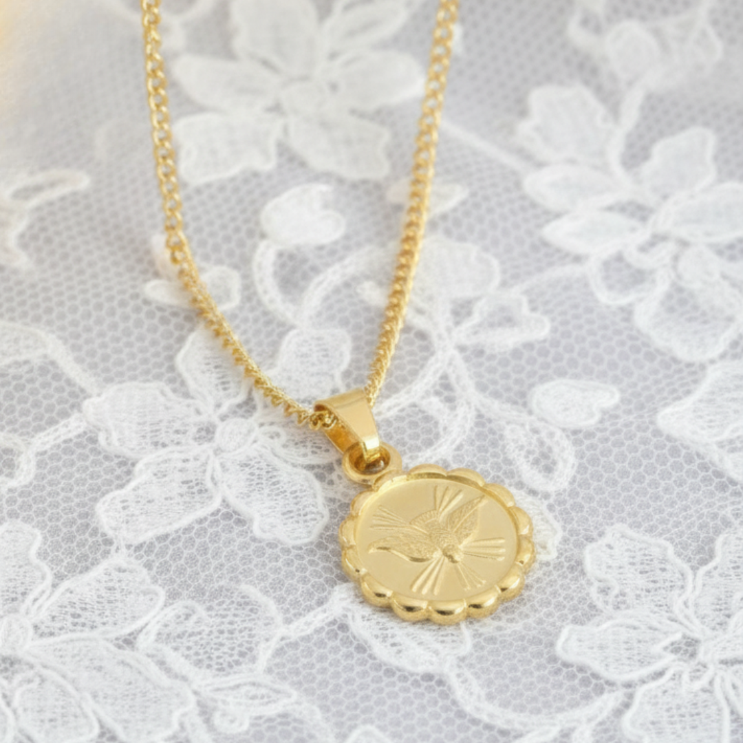 Medalla bautizo Espíritu Santo redonda con cadena - Oro 14K laminado
