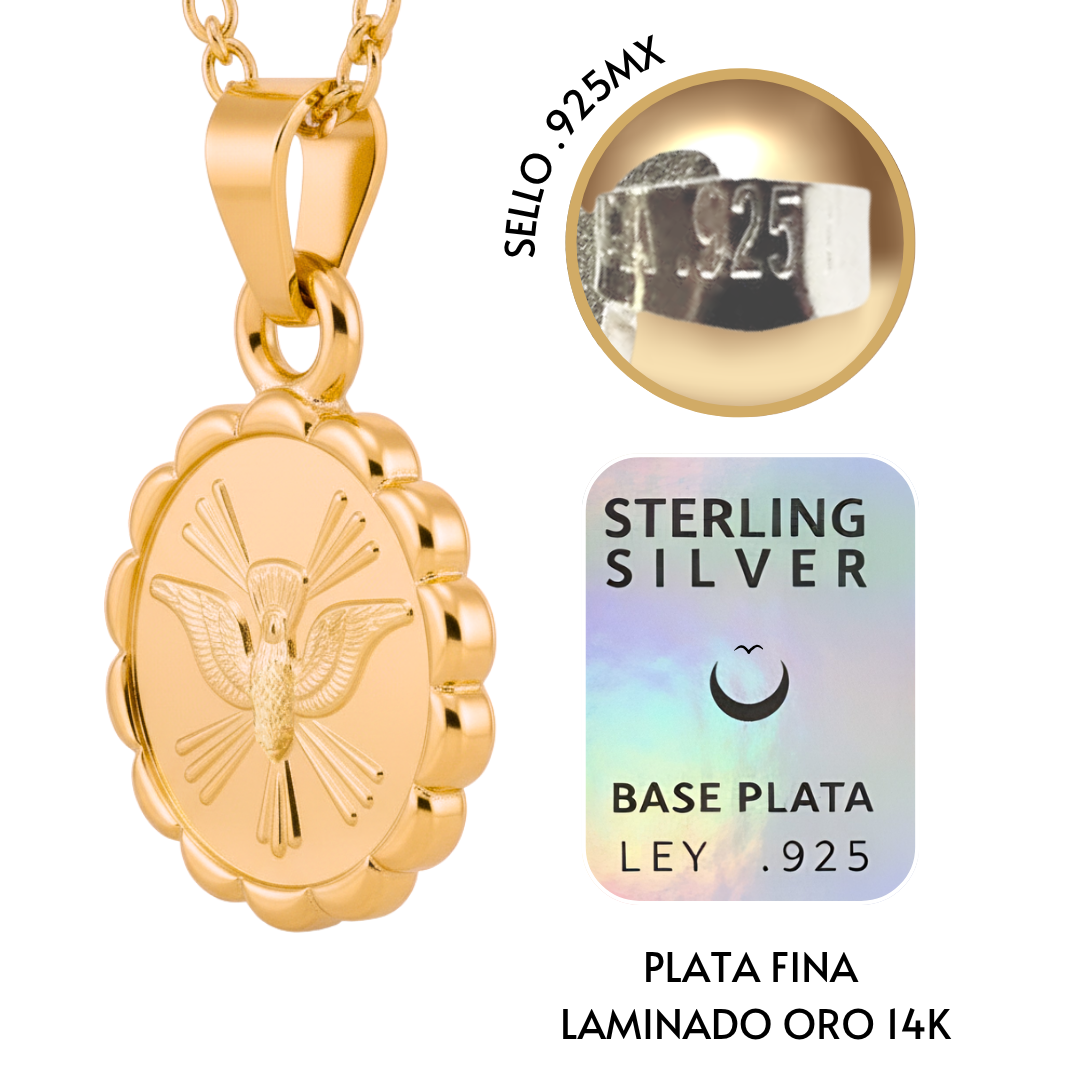 Medalla bautizo Espíritu Santo redonda con cadena - Oro 14K laminado