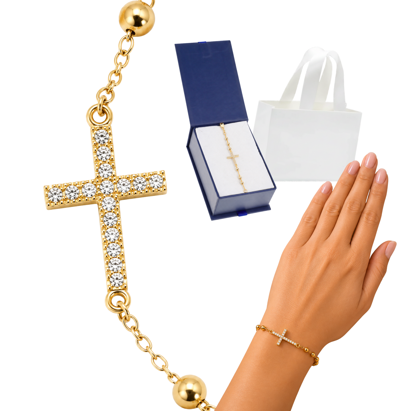 Pulsera Decenario con Cruz - Oro 14k laminado con zirconias incrustadas