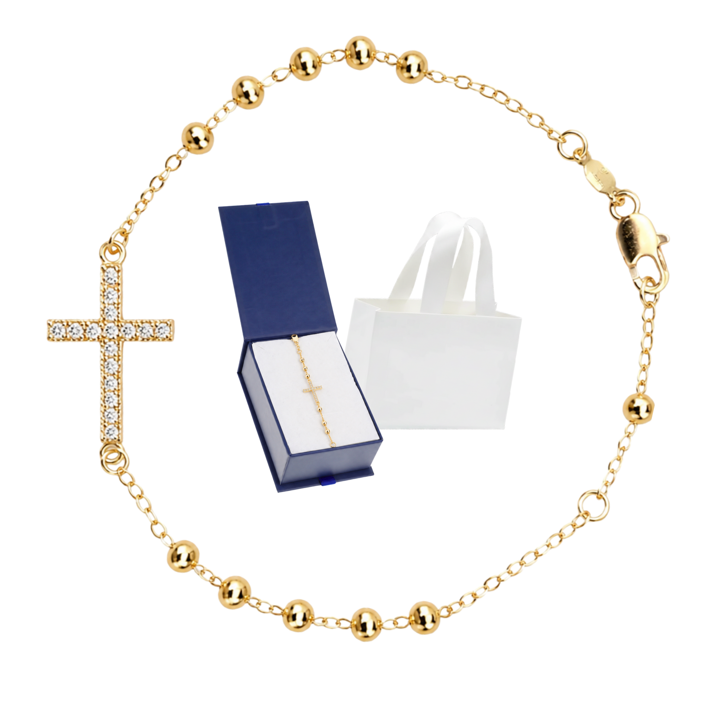 Pulsera Decenario con Cruz - Oro 14k laminado con zirconias incrustadas