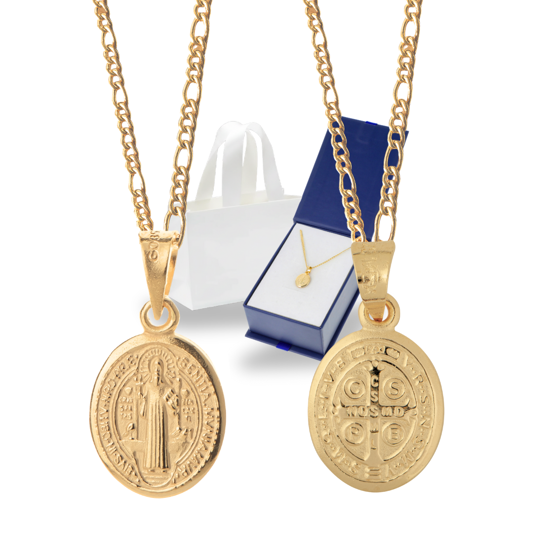 Medalla bautizo San Benito ovalada con cadena - Oro 14K laminado