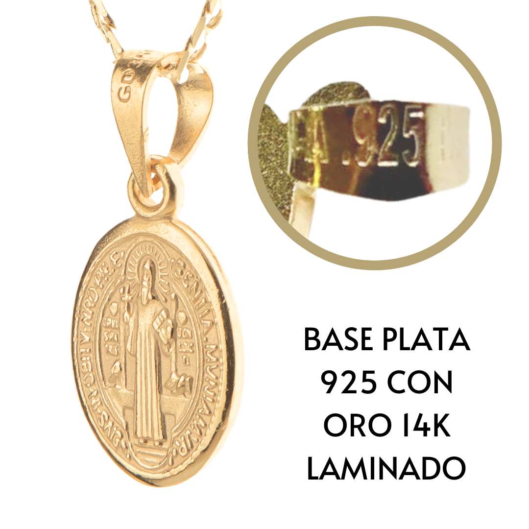 Medalla bautizo San Benito ovalada con cadena - Oro 14K laminado