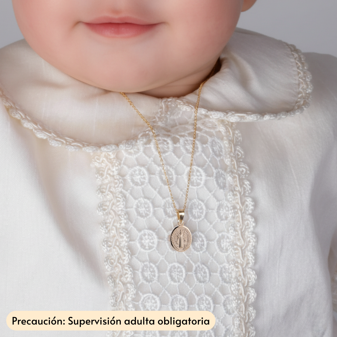 Medalla bautizo San Benito ovalada con cadena - Oro 14K laminado