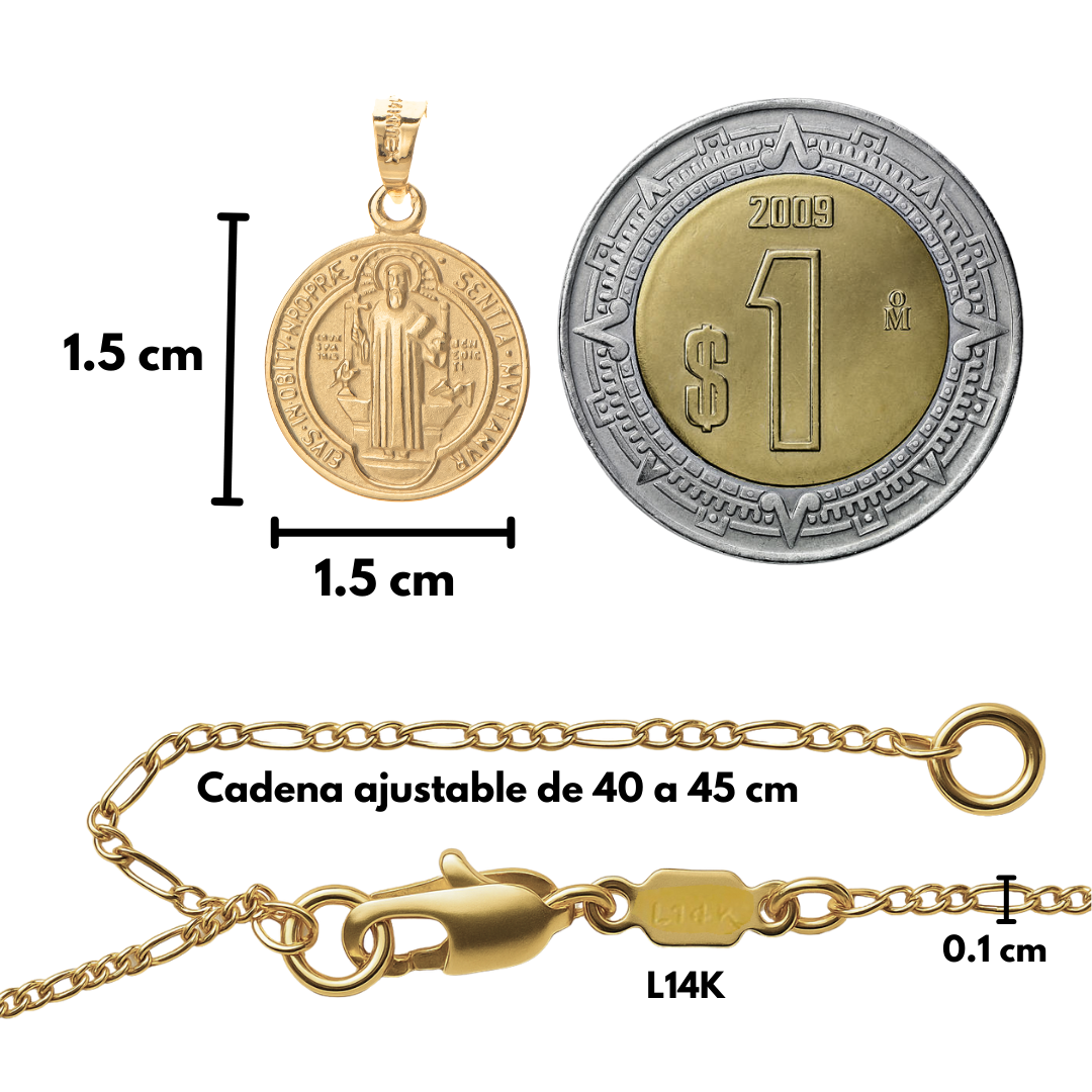 Medalla bautizo San Benito redonda con cadena - Oro 14K laminado