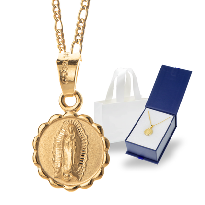 Medalla bautizo Virgen de Guadalupe redonda con cadena - Oro 14K laminado