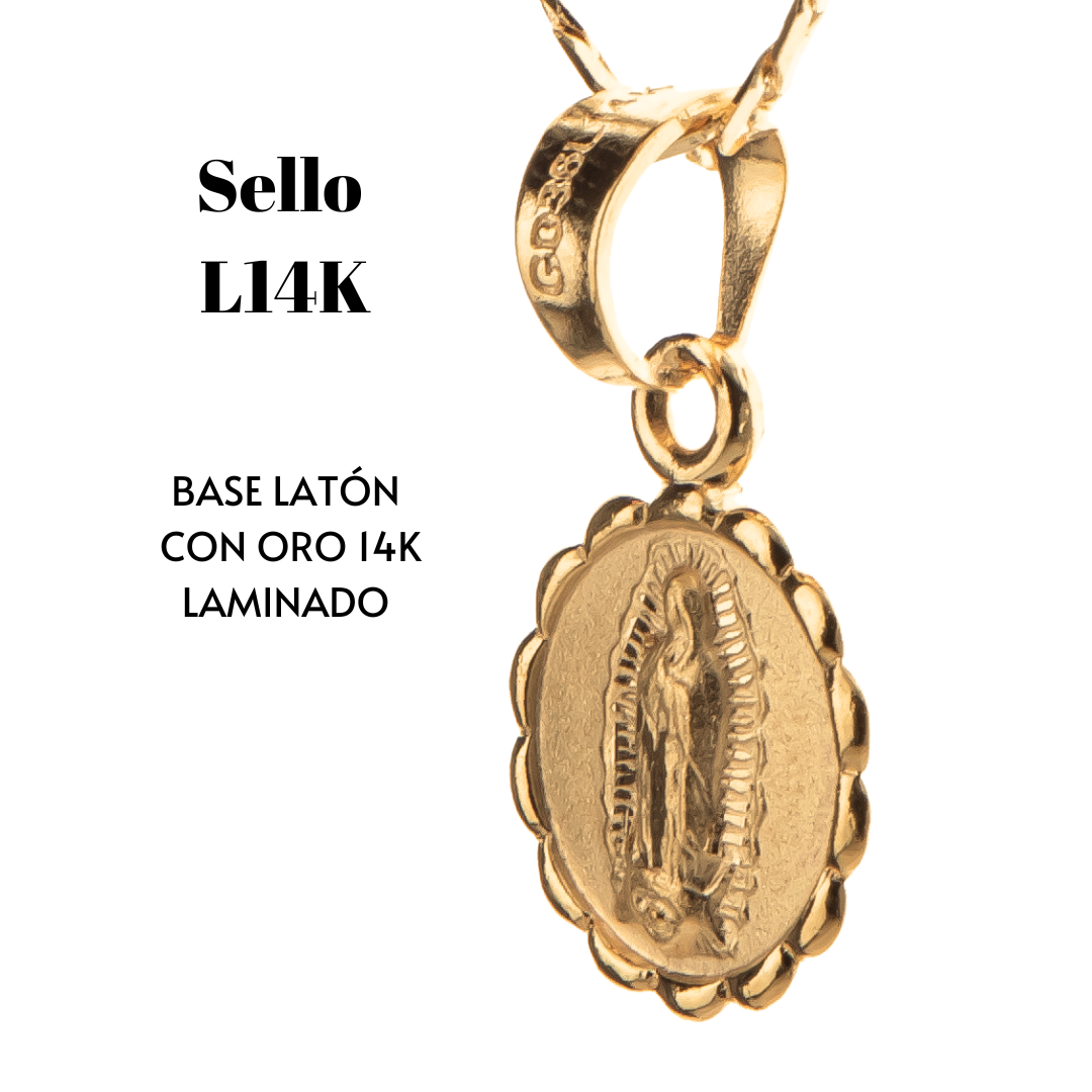 Medalla bautizo Virgen de Guadalupe redonda con cadena - Oro 14K laminado