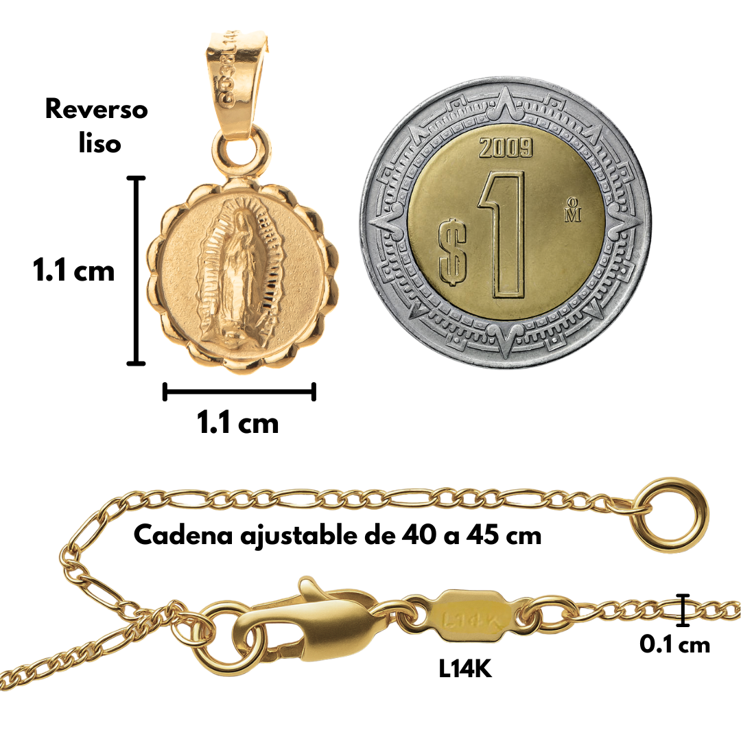 Medalla bautizo Virgen de Guadalupe redonda con cadena - Oro 14K laminado