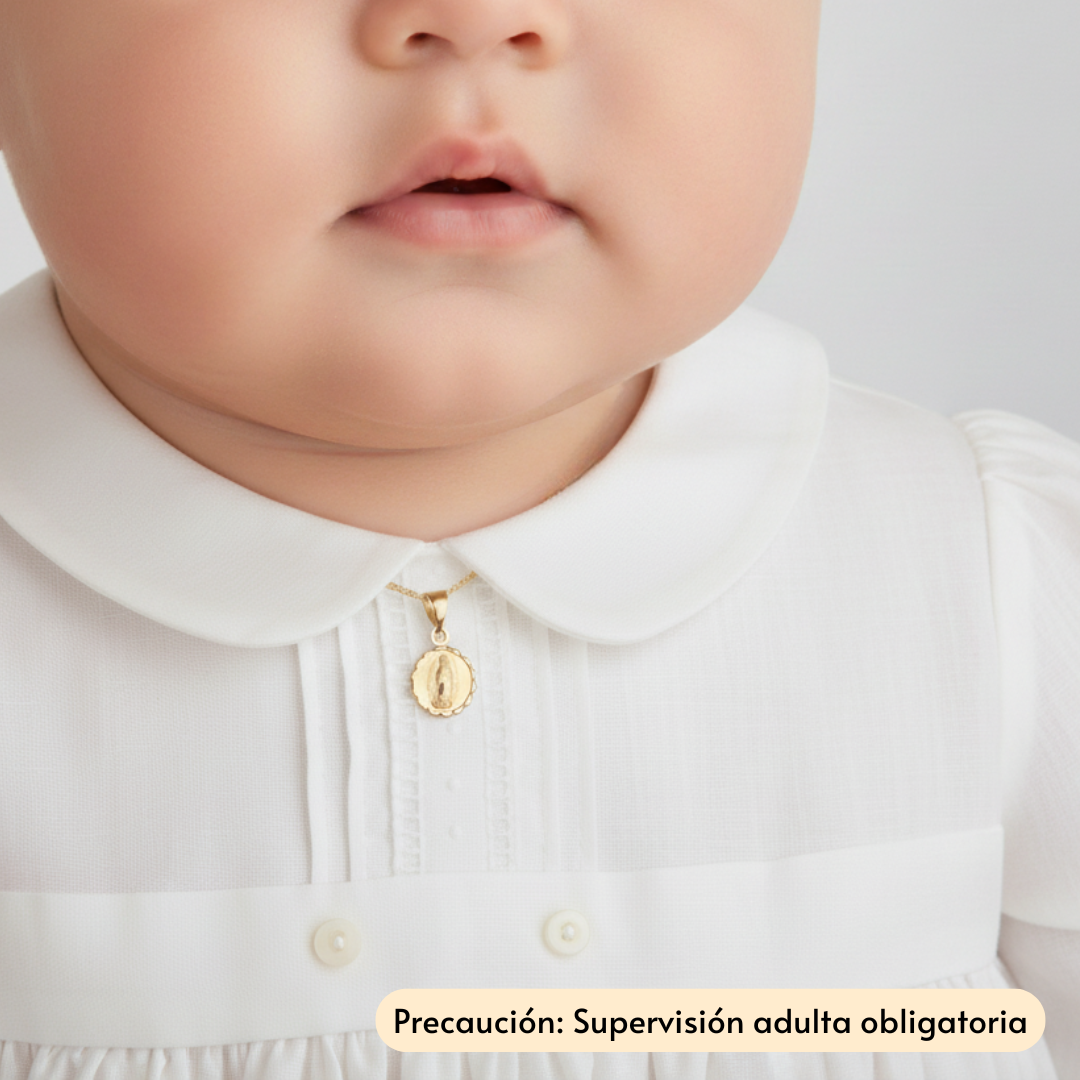 Medalla bautizo Virgen de Guadalupe redonda con cadena - Oro 14K laminado