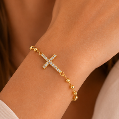 Pulsera Decenario con Cruz - Oro 14k laminado con zirconias incrustadas