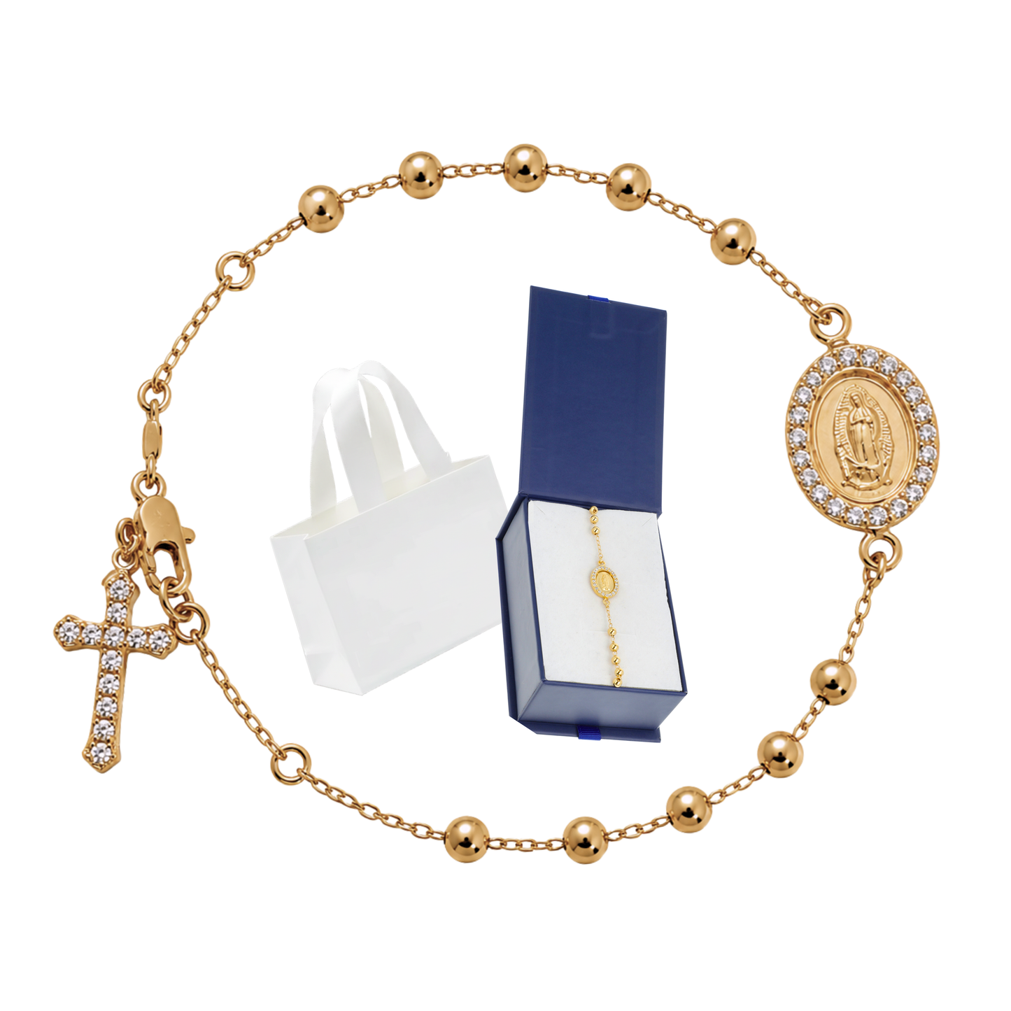 Pulsera Decenario con medalla y cruz colgante - Oro 14k laminado con zirconias incrustadas