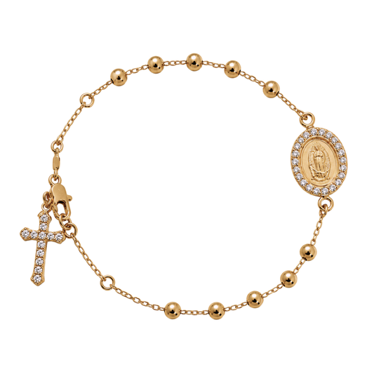 Pulsera Decenario con medalla y cruz colgante - Oro 14k laminado con zirconias incrustadas
