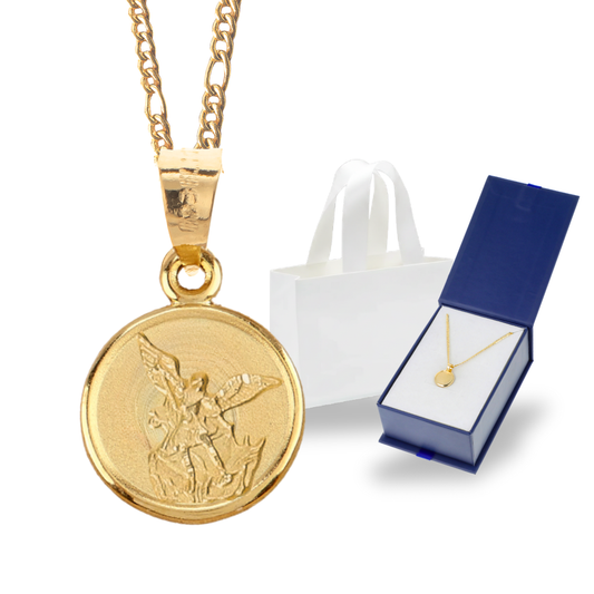 Medalla bautizo San Miguel Arcángel redonda con cadena - Oro 14K laminado