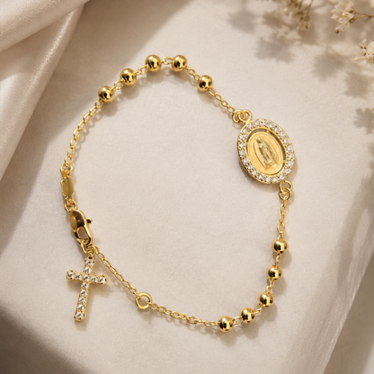 Pulsera Decenario con medalla y cruz colgante - Oro 14k laminado con zirconias incrustadas