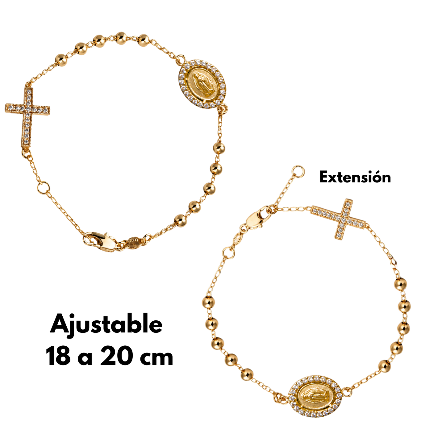 Pulsera Decenario con medalla y cruz - Oro 14k laminado con zirconias incrustadas