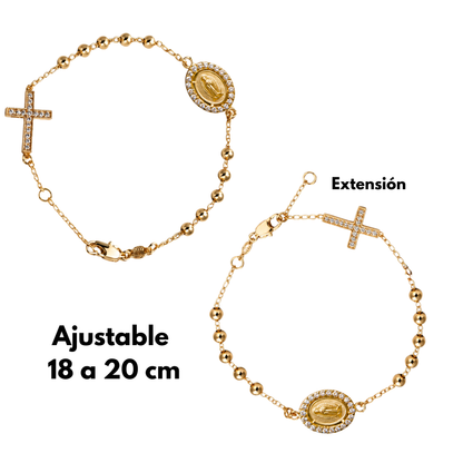 Pulsera Decenario con medalla y cruz - Oro 14k laminado con zirconias incrustadas