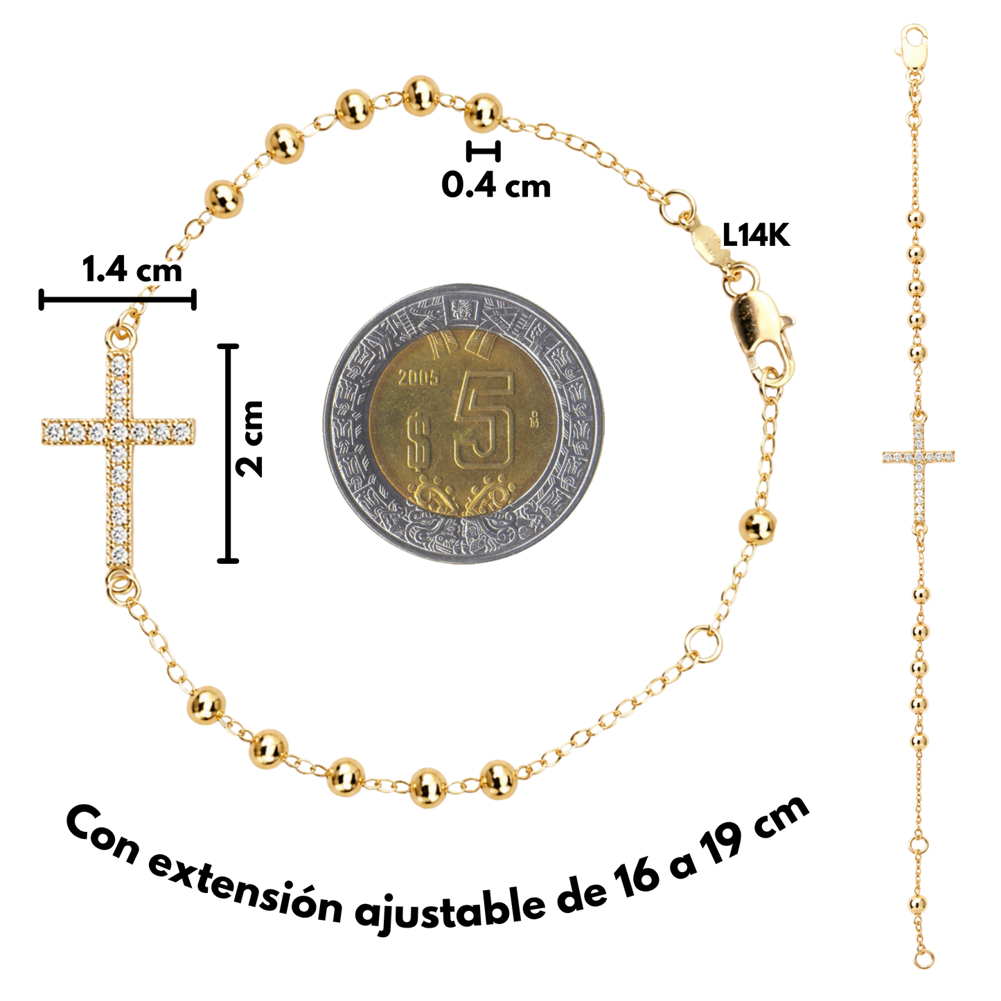 Pulsera Decenario con Cruz - Oro 14k laminado con zirconias incrustadas