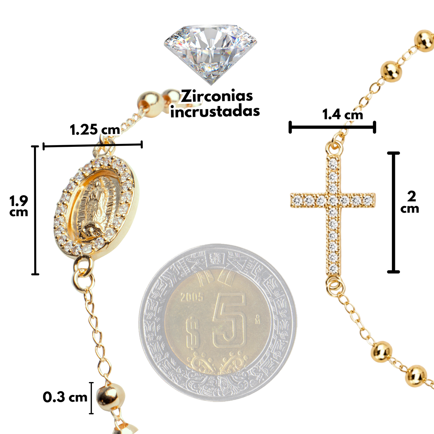 Pulsera Decenario con medalla y cruz - Oro 14k laminado con zirconias incrustadas