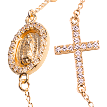 Pulsera Decenario con medalla y cruz - Oro 14k laminado con zirconias incrustadas