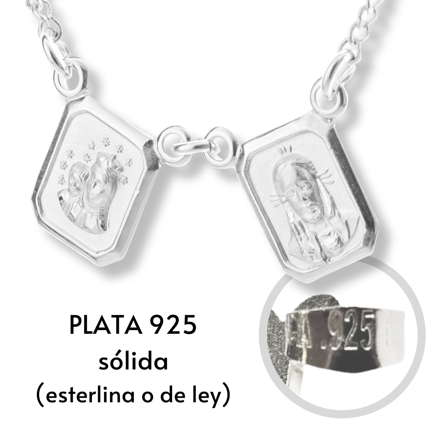 Escapulario Virgen del Carmen y Sagrado Corazón de Jesús con cadena - Plata 925
