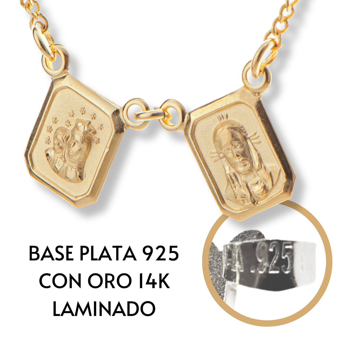 Escapulario Virgen del Carmen y Sagrado Corazón de Jesús - Oro 14k laminado