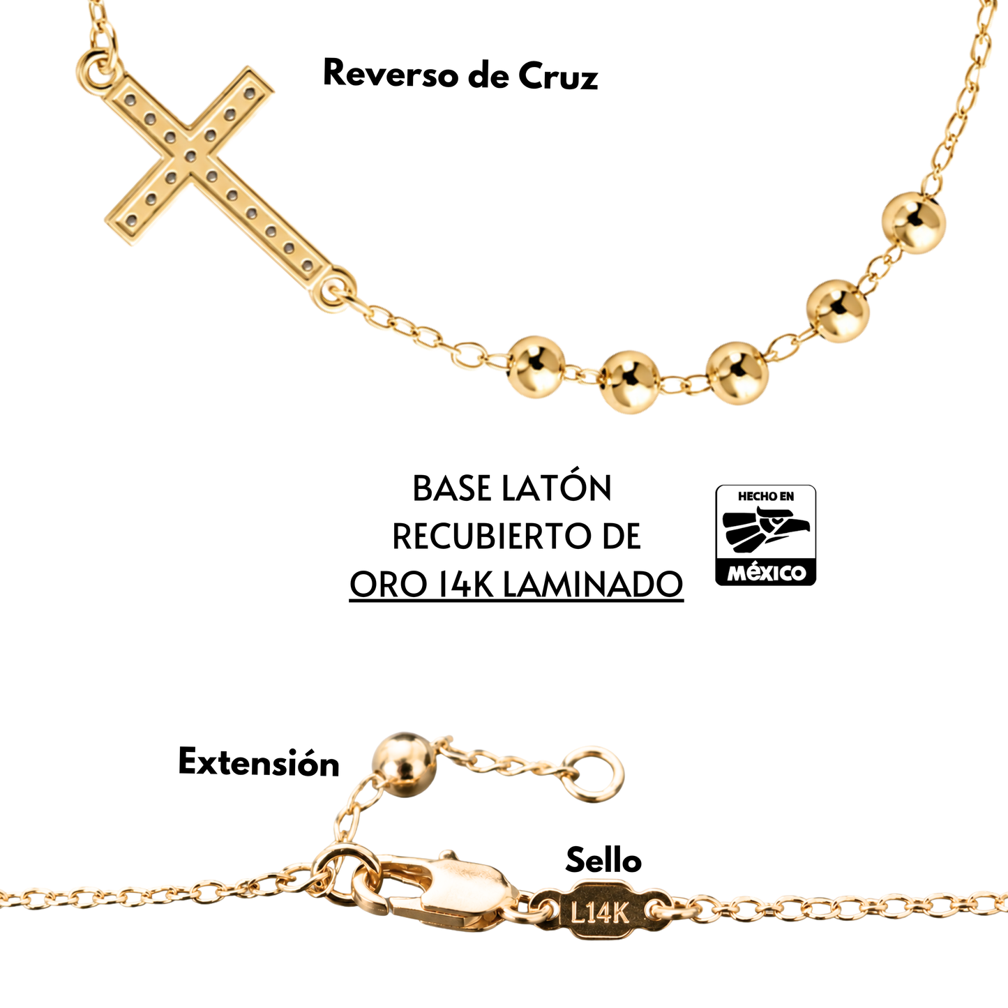 Pulsera Decenario con Cruz - Oro 14k laminado con zirconias incrustadas