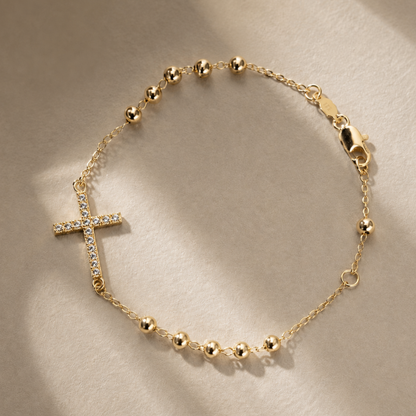Pulsera Decenario con Cruz - Oro 14k laminado con zirconias incrustadas