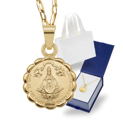 Medalla bautizo Virgen San Juan de los Lagos redonda con cadena - Oro 14K laminado