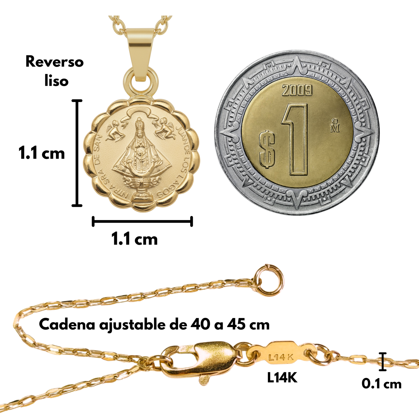 Medalla bautizo Virgen San Juan de los Lagos redonda con cadena - Oro 14K laminado