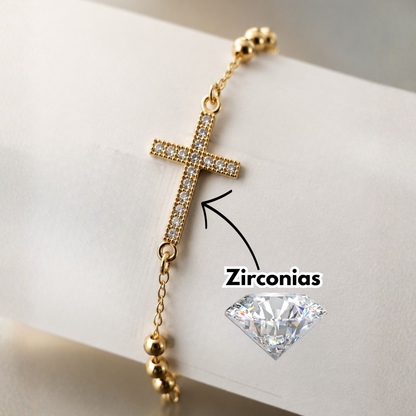 Pulsera Decenario con Cruz - Oro 14k laminado con zirconias incrustadas