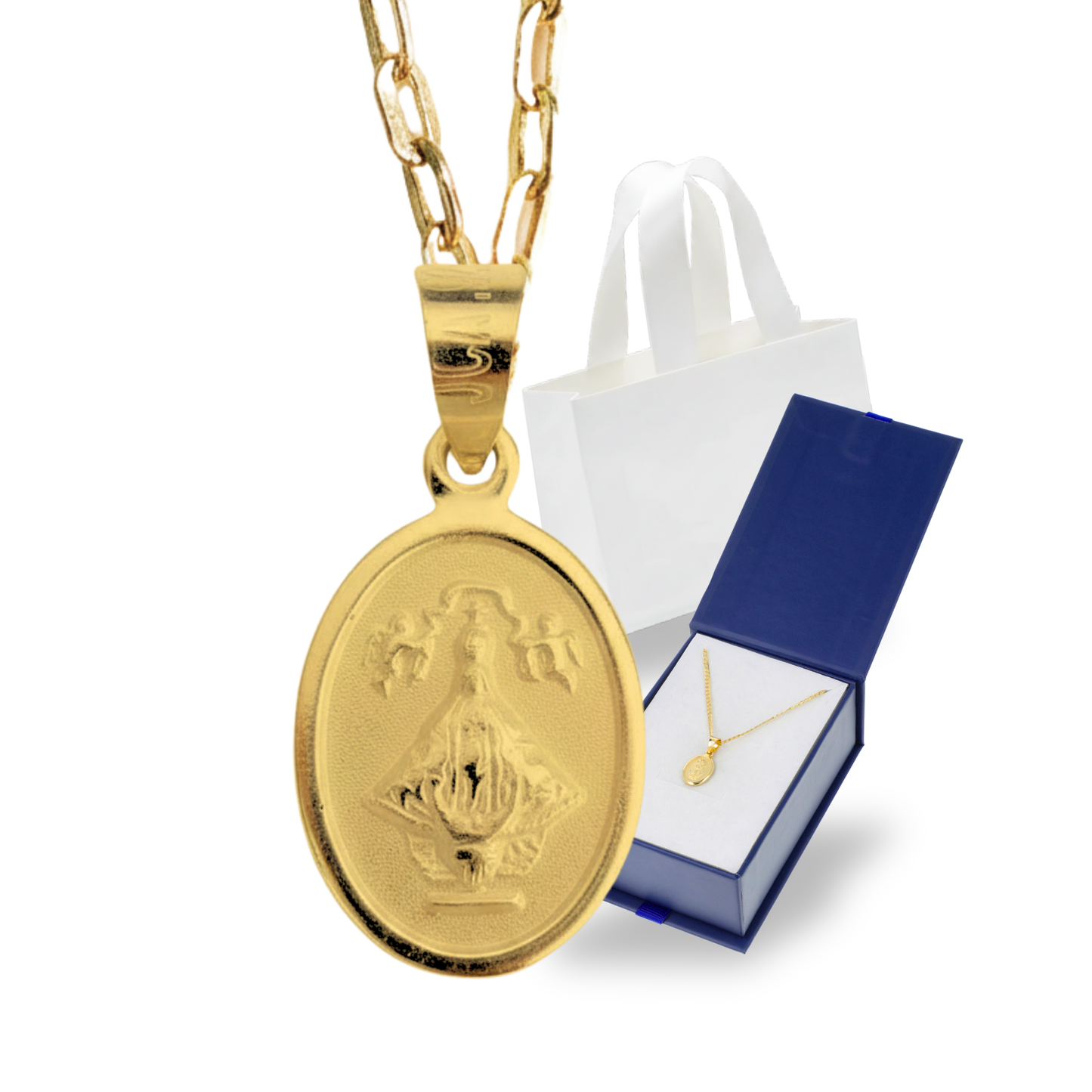 Medalla bautizo Virgen San Juan de los Lagos ovalada con cadena - Oro 14K laminado