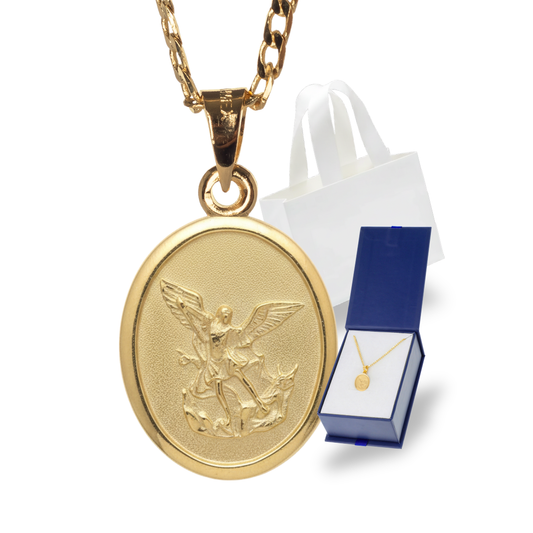 Medalla San Miguel Arcángel oval con cadena - Oro 14K laminado
