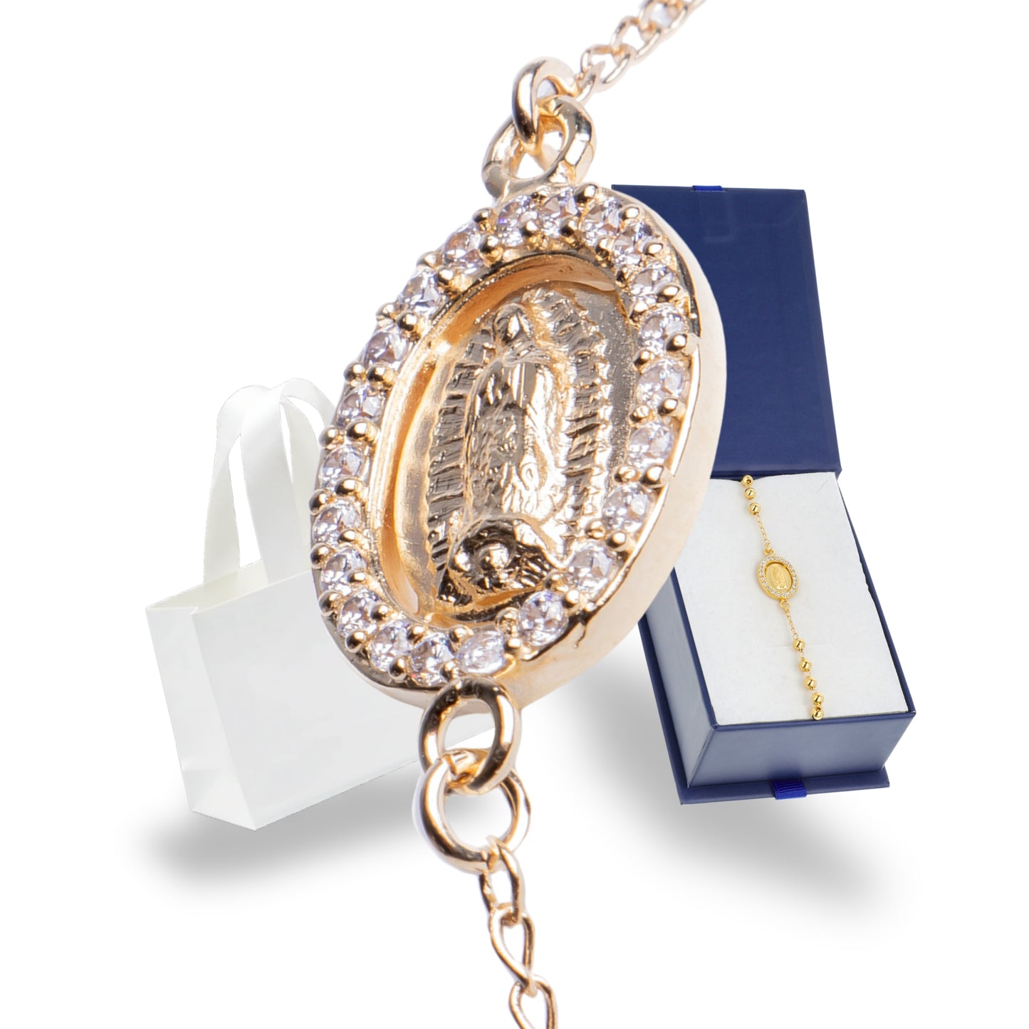 Pulsera Decenario Virgen de Guadalupe - Oro 14k laminado con zirconias incrustadas