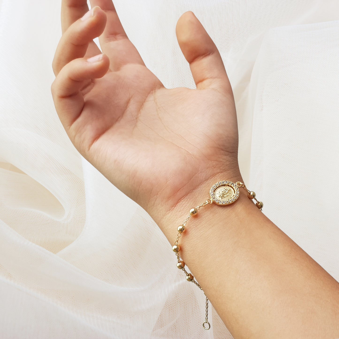 Pulsera Decenario Virgen de Guadalupe - Oro 14k laminado con zirconias incrustadas