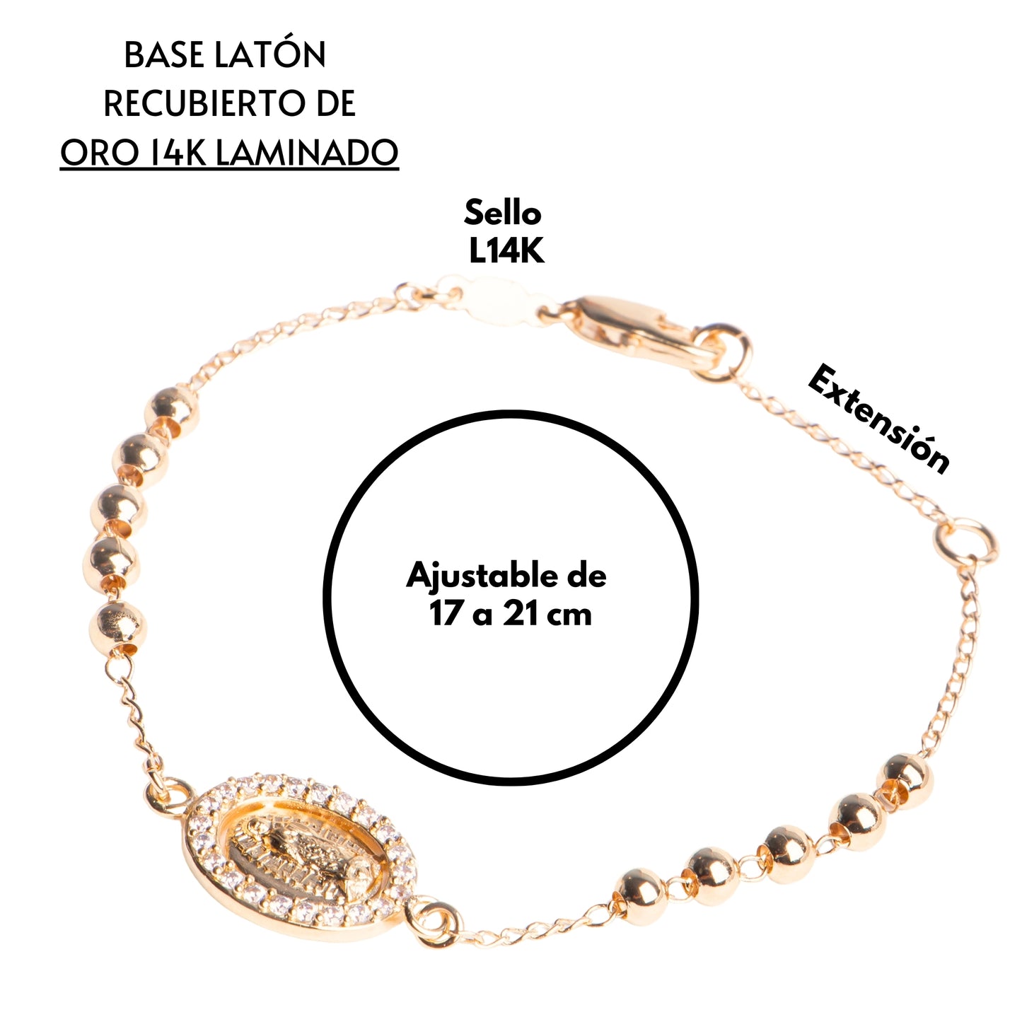Pulsera Decenario Virgen de Guadalupe - Oro 14k laminado con zirconias incrustadas