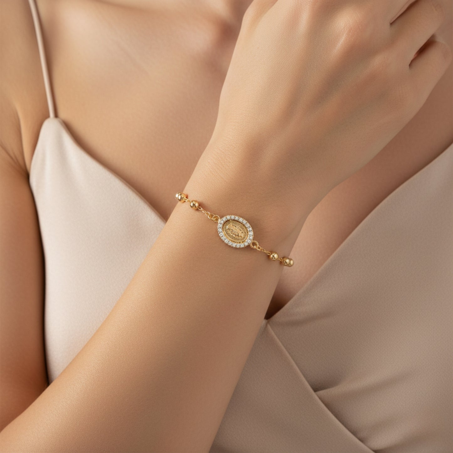 Pulsera Decenario Virgen de Guadalupe - Oro 14k laminado con zirconias incrustadas