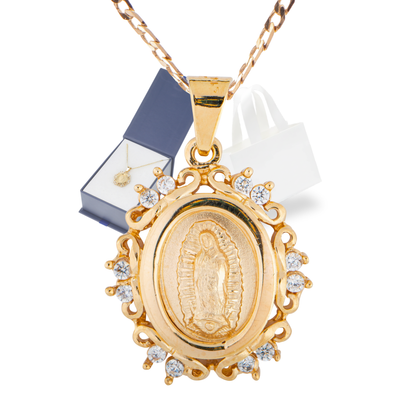 Medalla Flor Virgen de Guadalupe con cadena - Oro 14K Laminado con zirconias