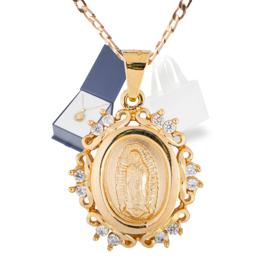 Medalla Flor Virgen de Guadalupe con cadena - Oro 14K Laminado con zirconias