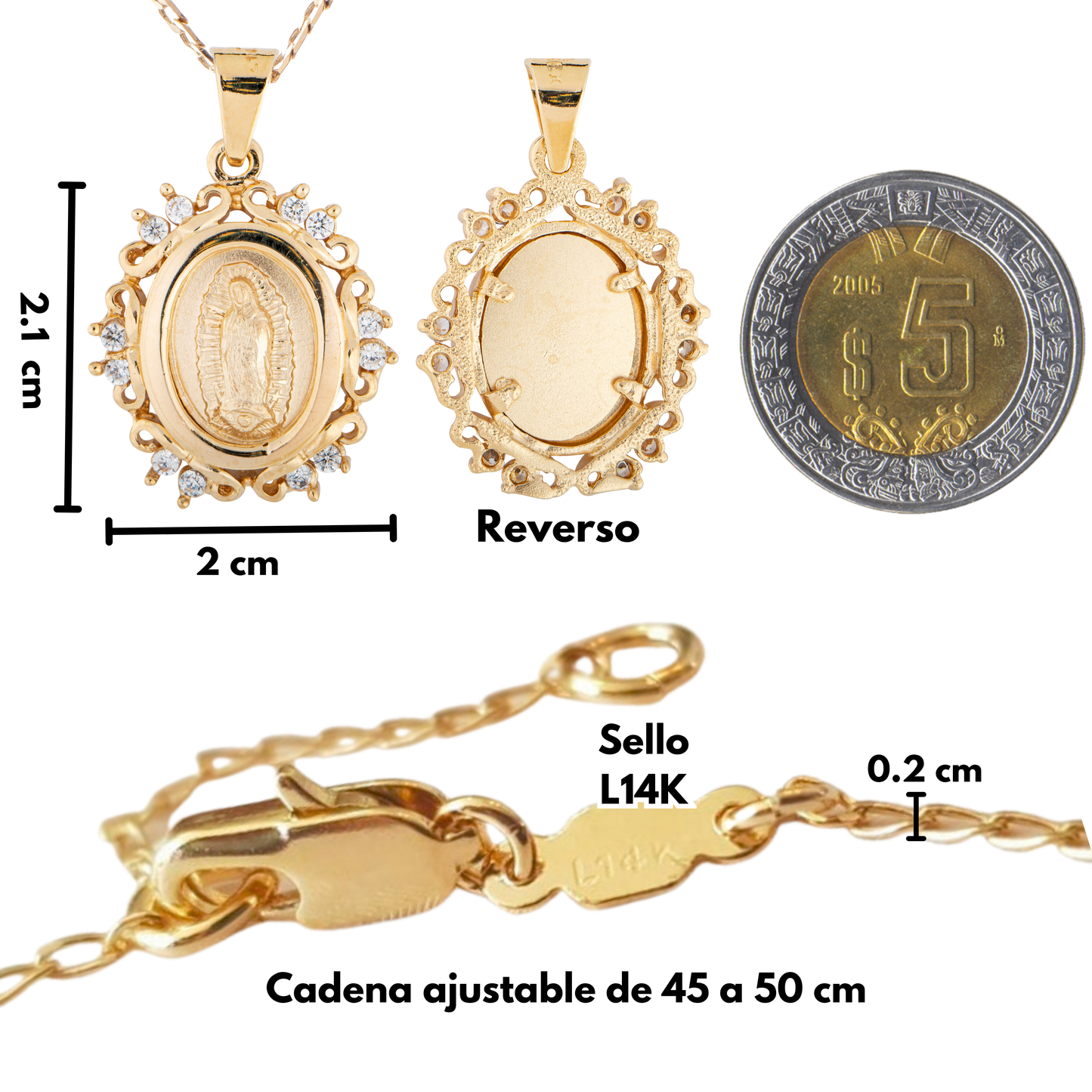 Medalla Flor Virgen de Guadalupe con cadena - Oro 14K Laminado con zirconias