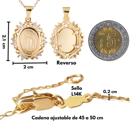 Medalla Flor Virgen de Guadalupe con cadena - Oro 14K Laminado con zirconias