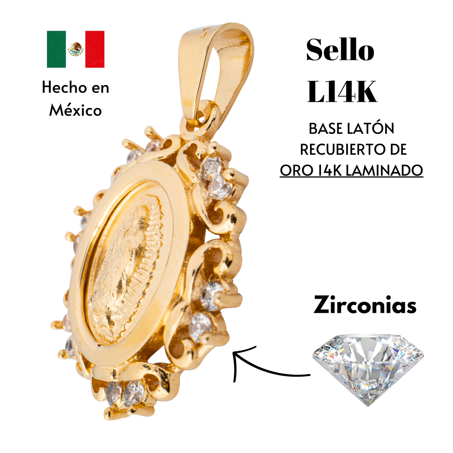 Medalla Flor Virgen de Guadalupe con cadena - Oro 14K Laminado con zirconias
