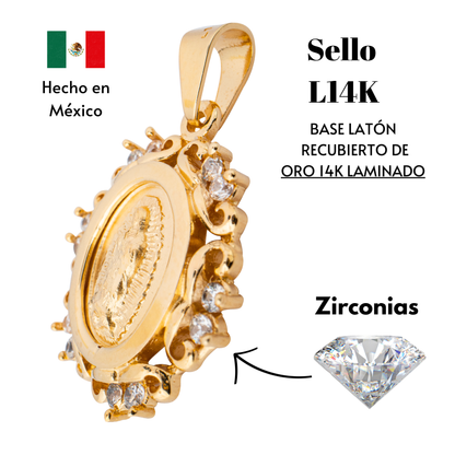 Medalla Flor Virgen de Guadalupe con cadena - Oro 14K Laminado con zirconias